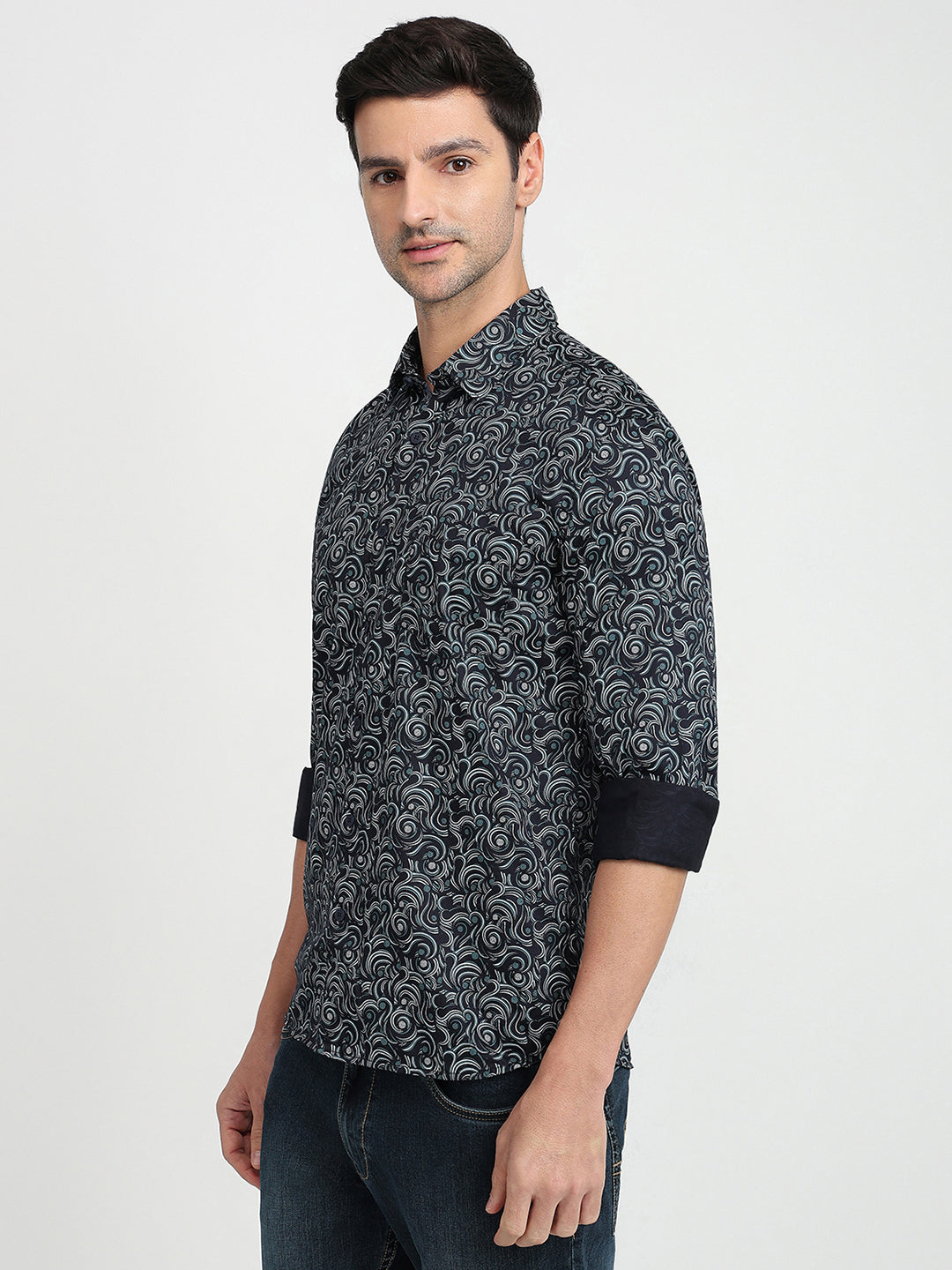 Parx Men Blue Printed Slim Fit Cotton Full Sleeve Casual Shirt