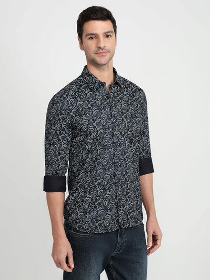 Parx Men Blue Printed Slim Fit Cotton Full Sleeve Casual Shirt