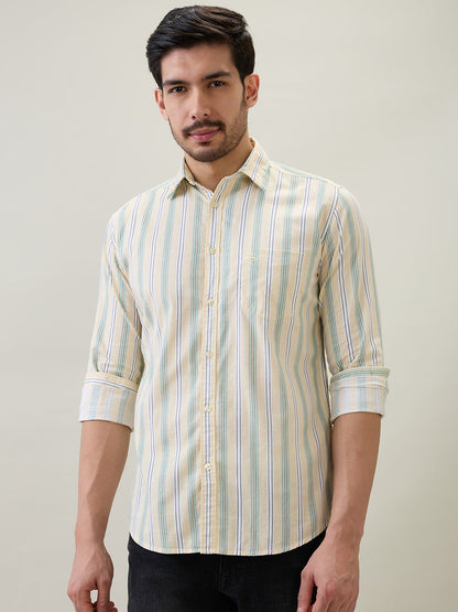 Parx Men Yellow Stripe Slim Fit Cotton Full Sleeve Casual Shirt