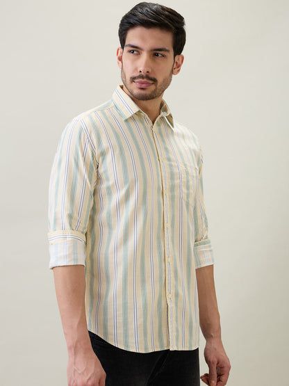Parx Men Yellow Stripe Slim Fit Cotton Full Sleeve Casual Shirt