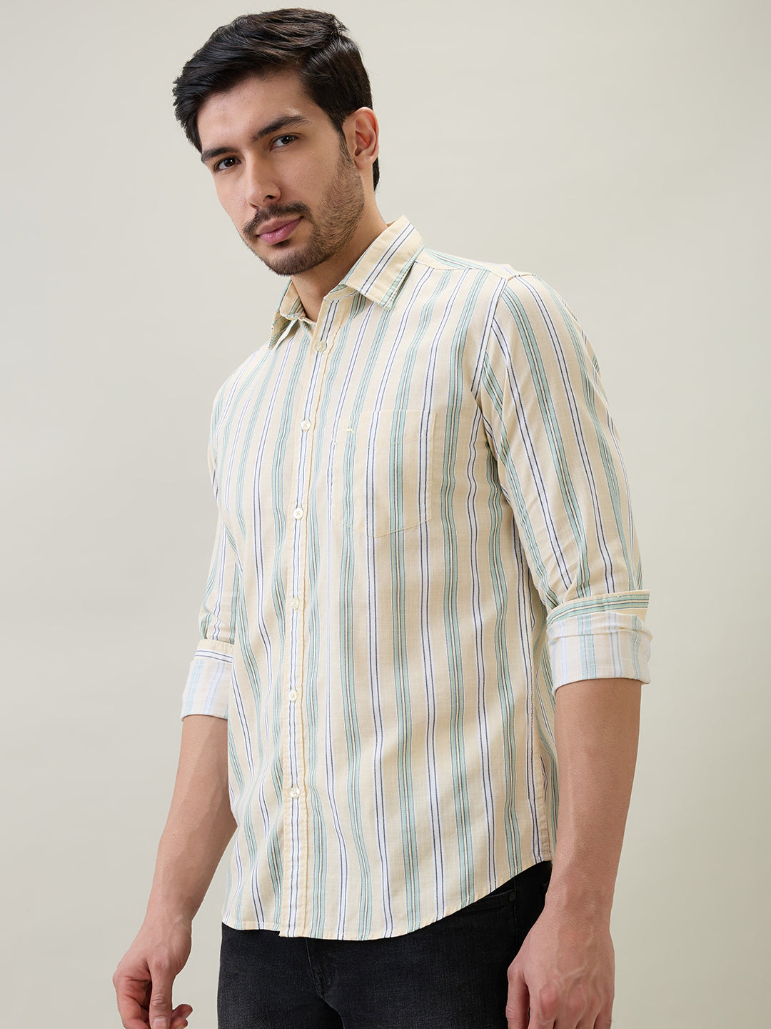 Parx Men Yellow Stripe Slim Fit Cotton Full Sleeve Casual Shirt