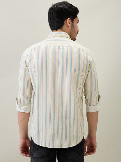 Parx Men Yellow Stripe Slim Fit Cotton Full Sleeve Casual Shirt