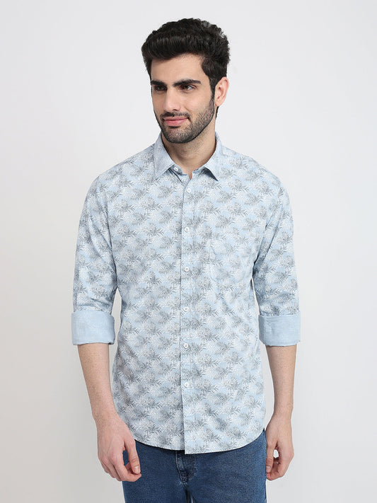 Parx Men Grey Printed Slim Fit Cotton Blend Full Sleeve Cut Away Collar Casual Shirt