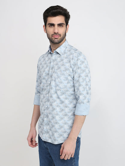 Parx Men Grey Printed Slim Fit Cotton Blend Full Sleeve Cut Away Collar Casual Shirt