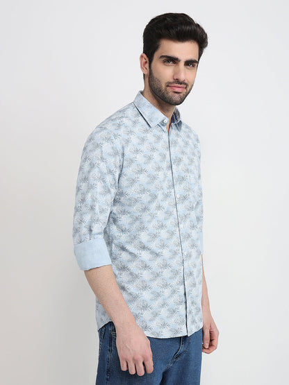 Parx Men Grey Printed Slim Fit Cotton Blend Full Sleeve Cut Away Collar Casual Shirt