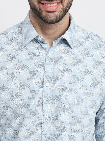 Parx Men Grey Printed Slim Fit Cotton Blend Full Sleeve Cut Away Collar Casual Shirt