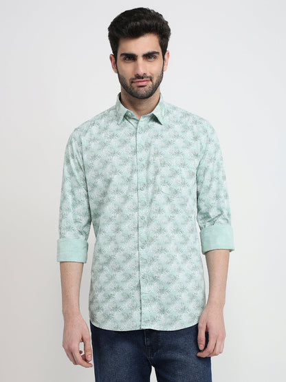 Parx Men Green Printed Slim Fit Cotton Blend Full Sleeve Cut Away Collar Casual Shirt