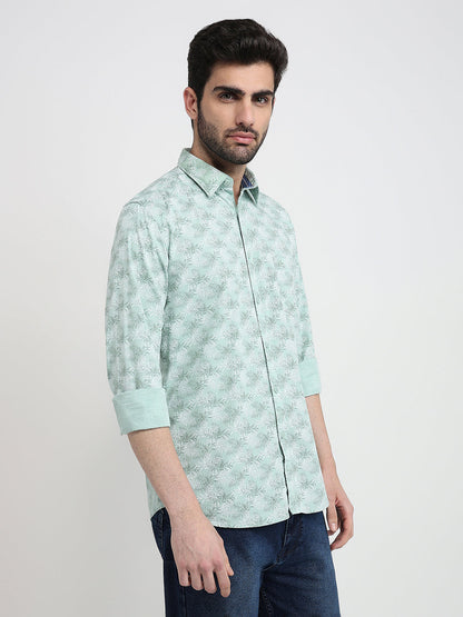 Parx Men Green Printed Slim Fit Cotton Blend Full Sleeve Cut Away Collar Casual Shirt