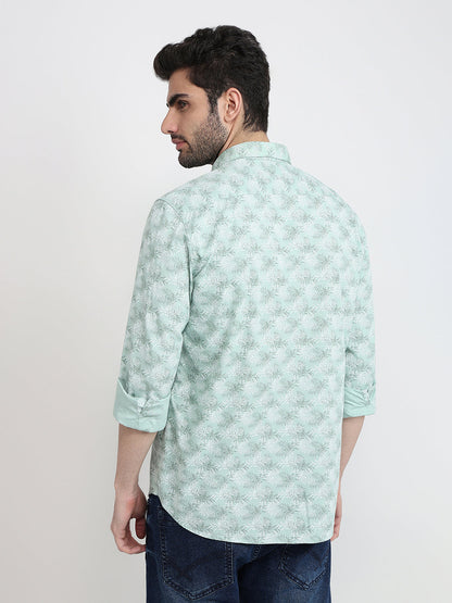 Parx Men Green Printed Slim Fit Cotton Blend Full Sleeve Cut Away Collar Casual Shirt