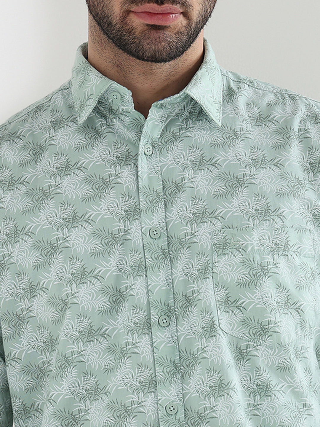 Parx Men Green Printed Slim Fit Cotton Blend Full Sleeve Cut Away Collar Casual Shirt