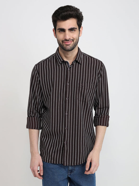 Parx Men Maroon Stripe Slim Fit Cotton Full Sleeve Casual Shirt