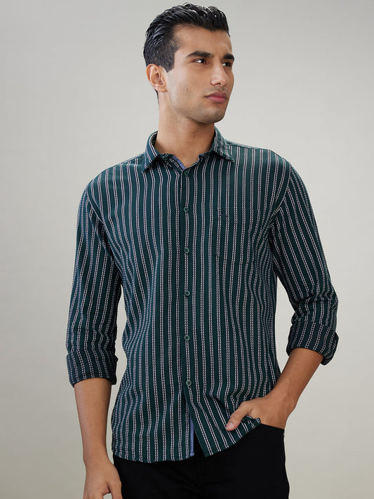 Parx Men Green Stripe Slim Fit Cotton Full Sleeve Cut Away Collar Casual Shirt