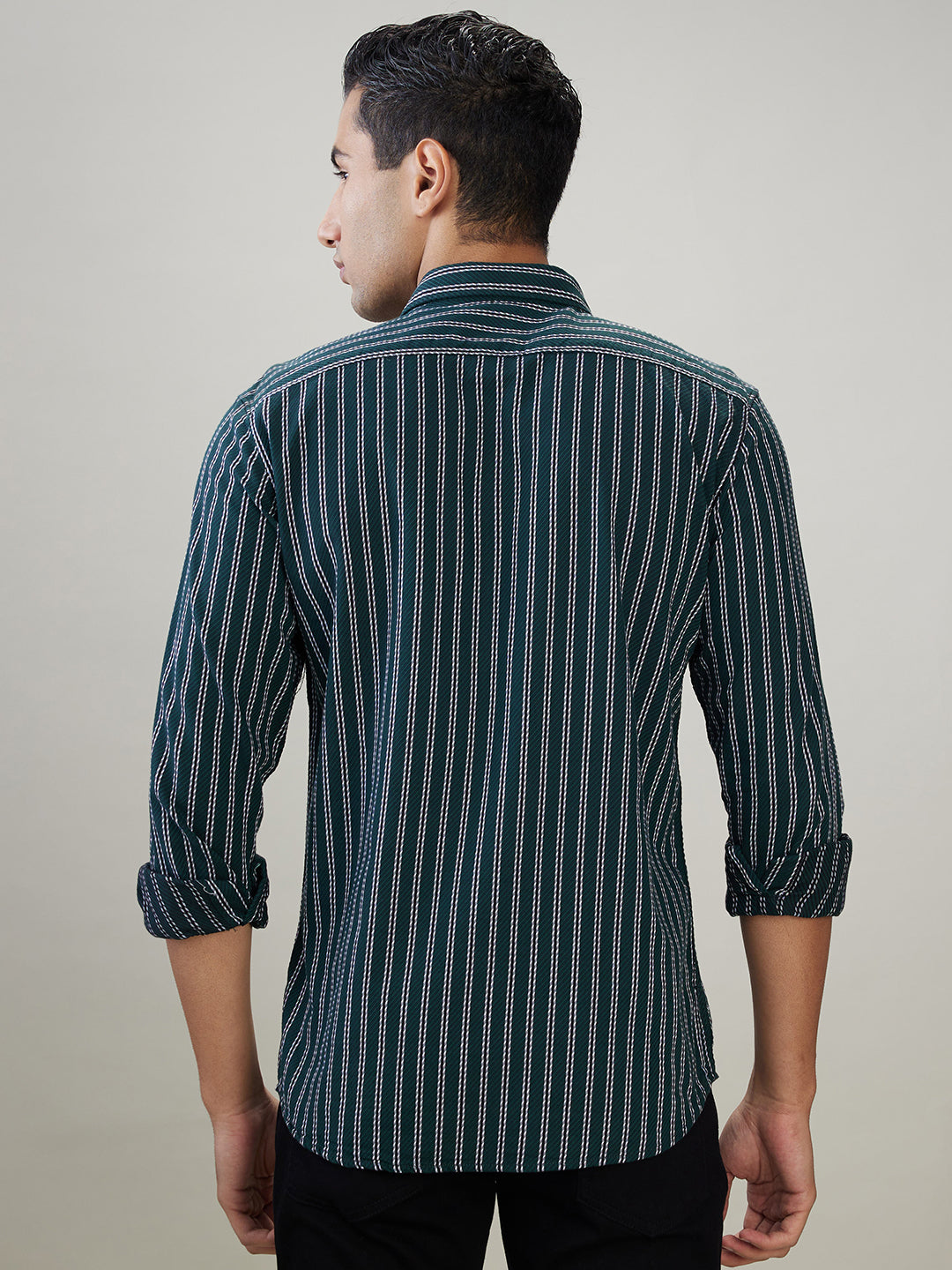 Parx Men Green Stripe Slim Fit Cotton Full Sleeve Cut Away Collar Casual Shirt