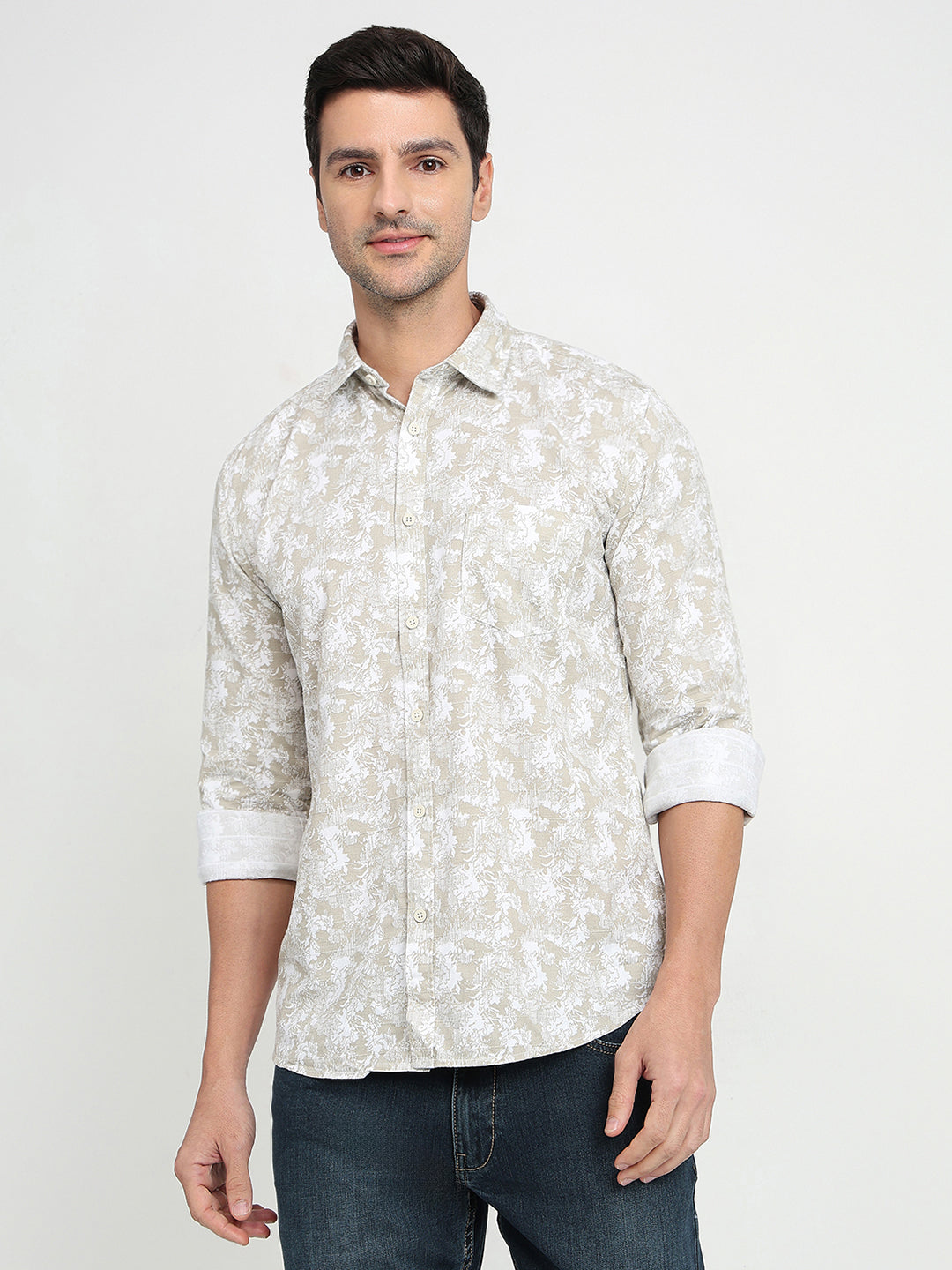 Parx Men Brown Printed Slim Fit Cotton Full Sleeve Casual Shirt