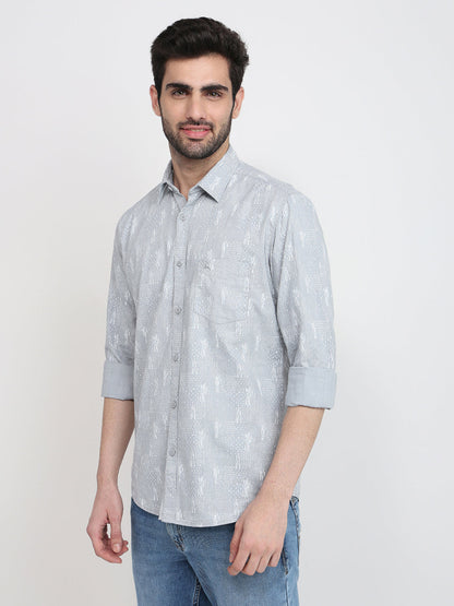 Parx Men Grey Printed Slim Fit Cotton Full Sleeve Cut Away Collar Casual Shirt