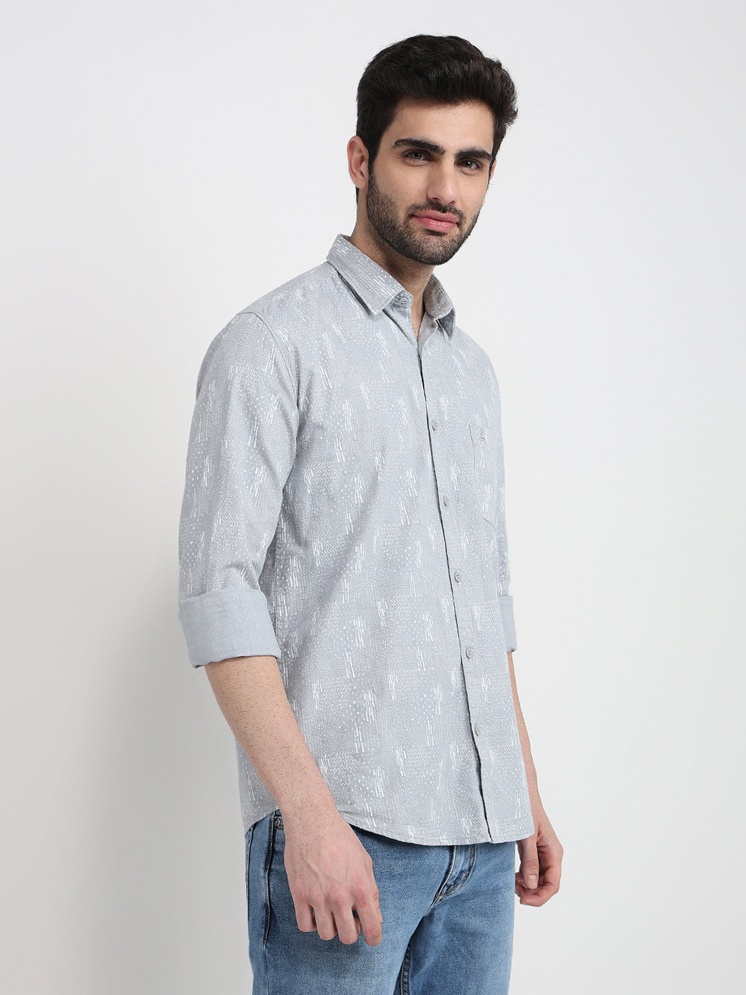 Parx Men Grey Printed Slim Fit Cotton Full Sleeve Cut Away Collar Casual Shirt