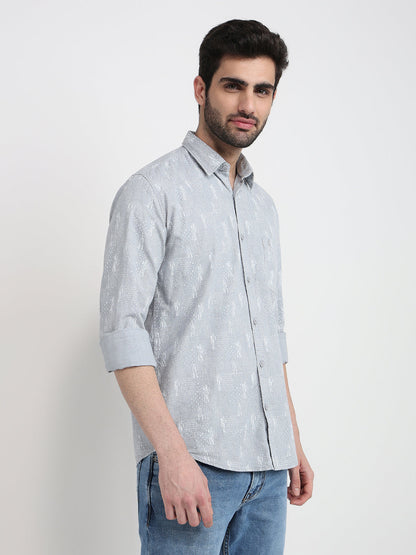 Parx Men Grey Printed Slim Fit Cotton Full Sleeve Cut Away Collar Casual Shirt