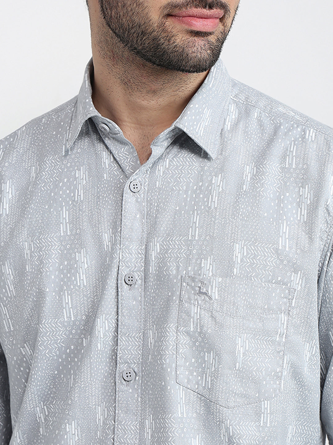 Parx Men Grey Printed Slim Fit Cotton Full Sleeve Cut Away Collar Casual Shirt