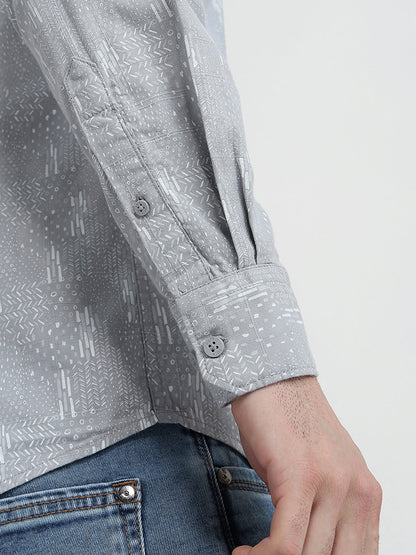 Parx Men Grey Printed Slim Fit Cotton Full Sleeve Cut Away Collar Casual Shirt