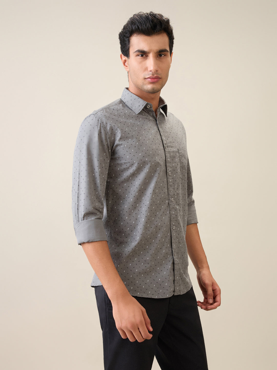 Parx Men Grey Printed Slim Fit Cotton Casual Shirt