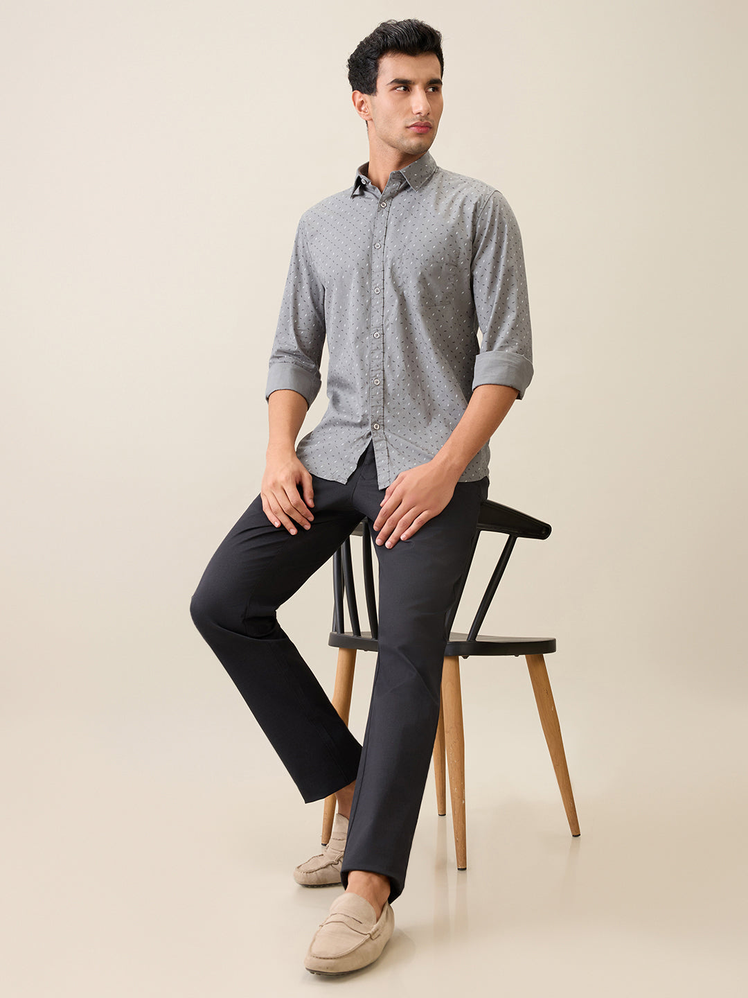 Parx Men Grey Printed Slim Fit Cotton Casual Shirt