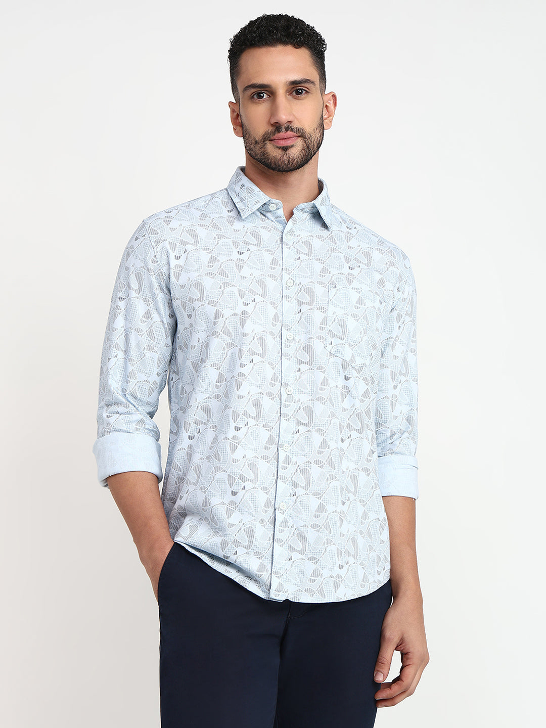 Parx Men Blue Printed Slim Fit Cotton Casual Shirt