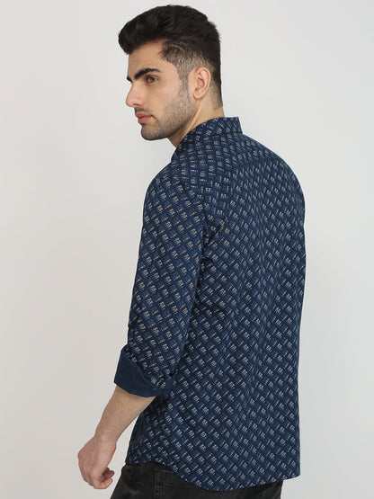 Parx Men Blue Printed Slim Fit Cotton Casual Shirt