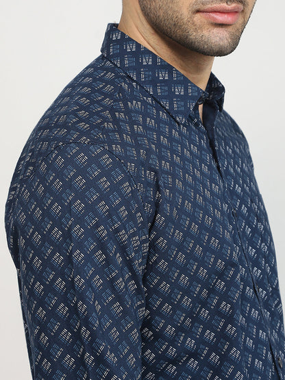 Parx Men Blue Printed Slim Fit Cotton Casual Shirt