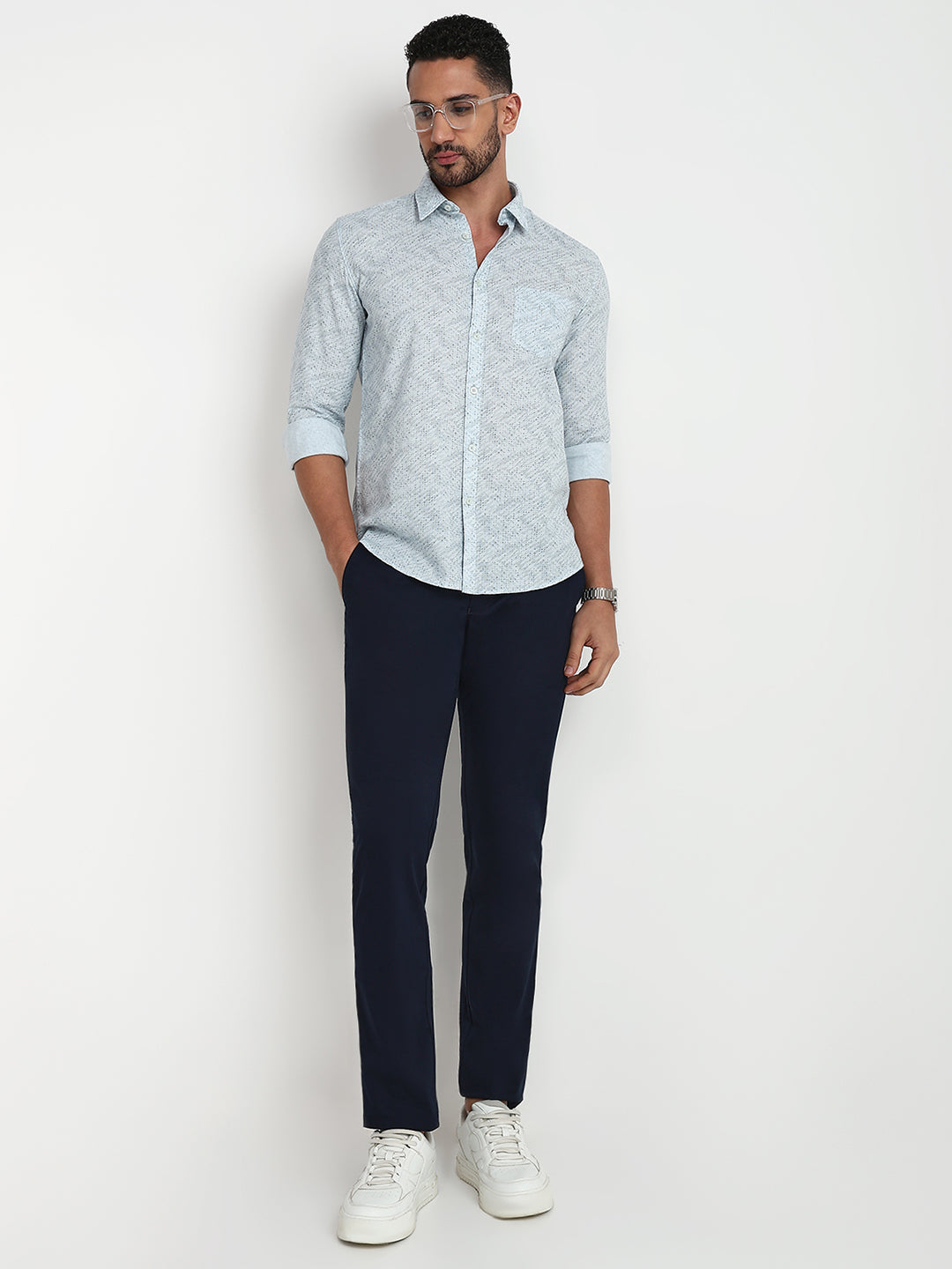 Parx Men Blue Printed Slim Fit Cotton Casual Shirt