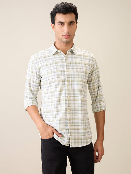 Parx Men Green Checks Slim Fit Cotton Blend Casual Shirt