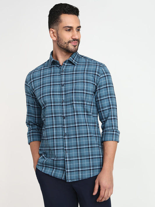 Parx Men Blue Checks Slim Fit Cotton Casual Shirt