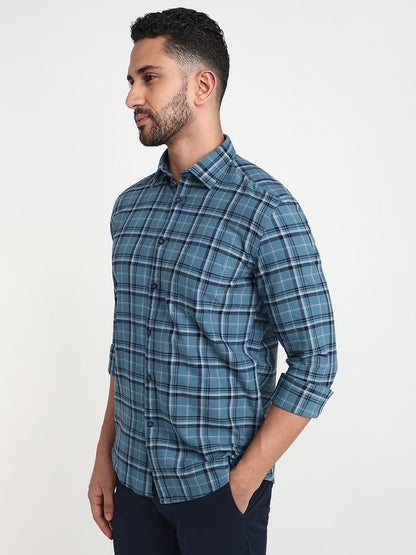 Parx Men Blue Checks Slim Fit Cotton Casual Shirt