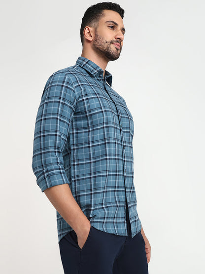 Parx Men Blue Checks Slim Fit Cotton Casual Shirt
