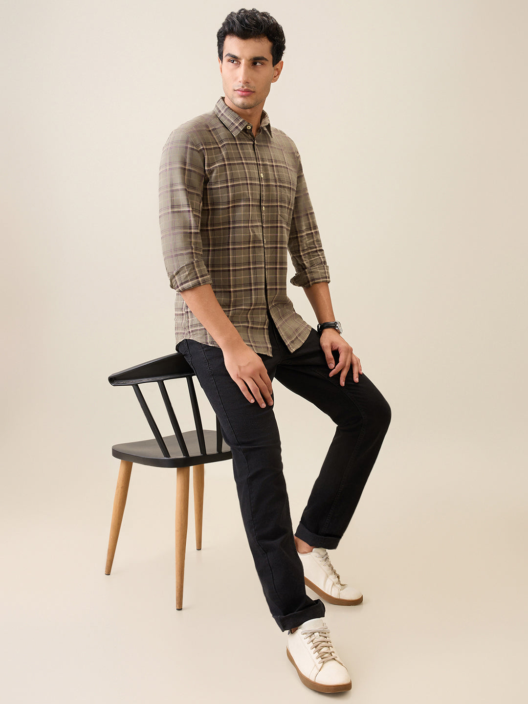 Parx Men Green Checks Slim Fit Cotton Casual Shirt