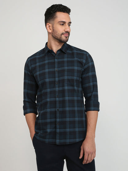 Parx Men Blue Checks Slim Fit Cotton Casual Shirt