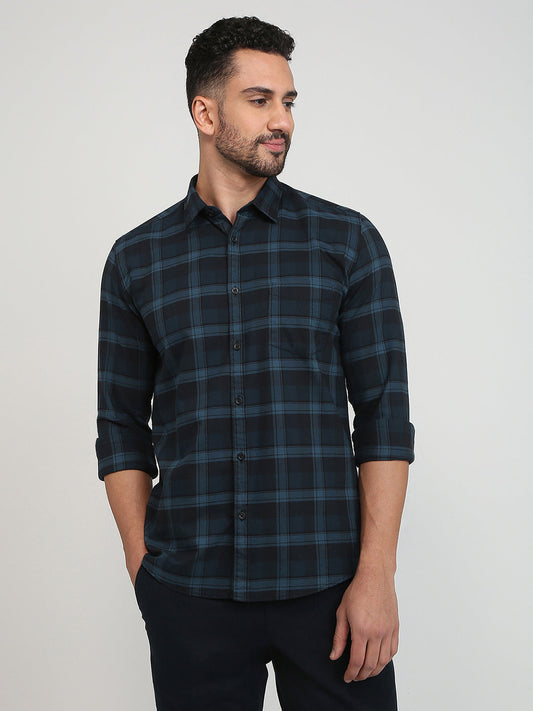 Parx Men Blue Checks Slim Fit Cotton Casual Shirt