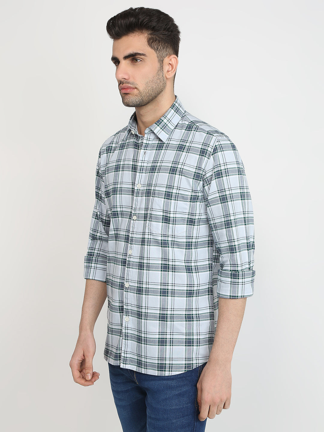 Parx Men Blue Checks Slim Fit Cotton Casual Shirt