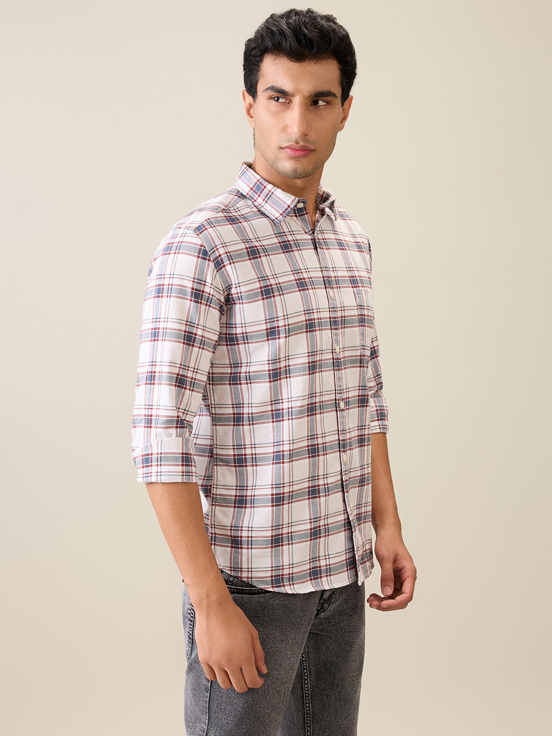 Parx Men Brown Checks Slim Fit Cotton Casual Shirt