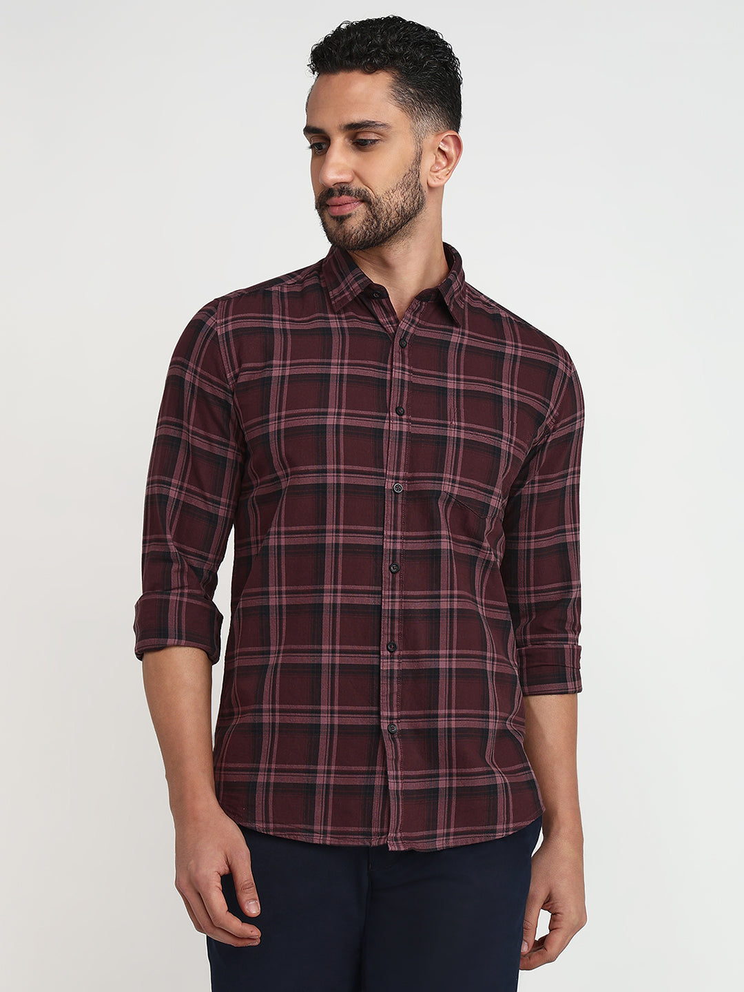 Parx Men Maroon Checks Slim Fit Cotton Casual Shirt