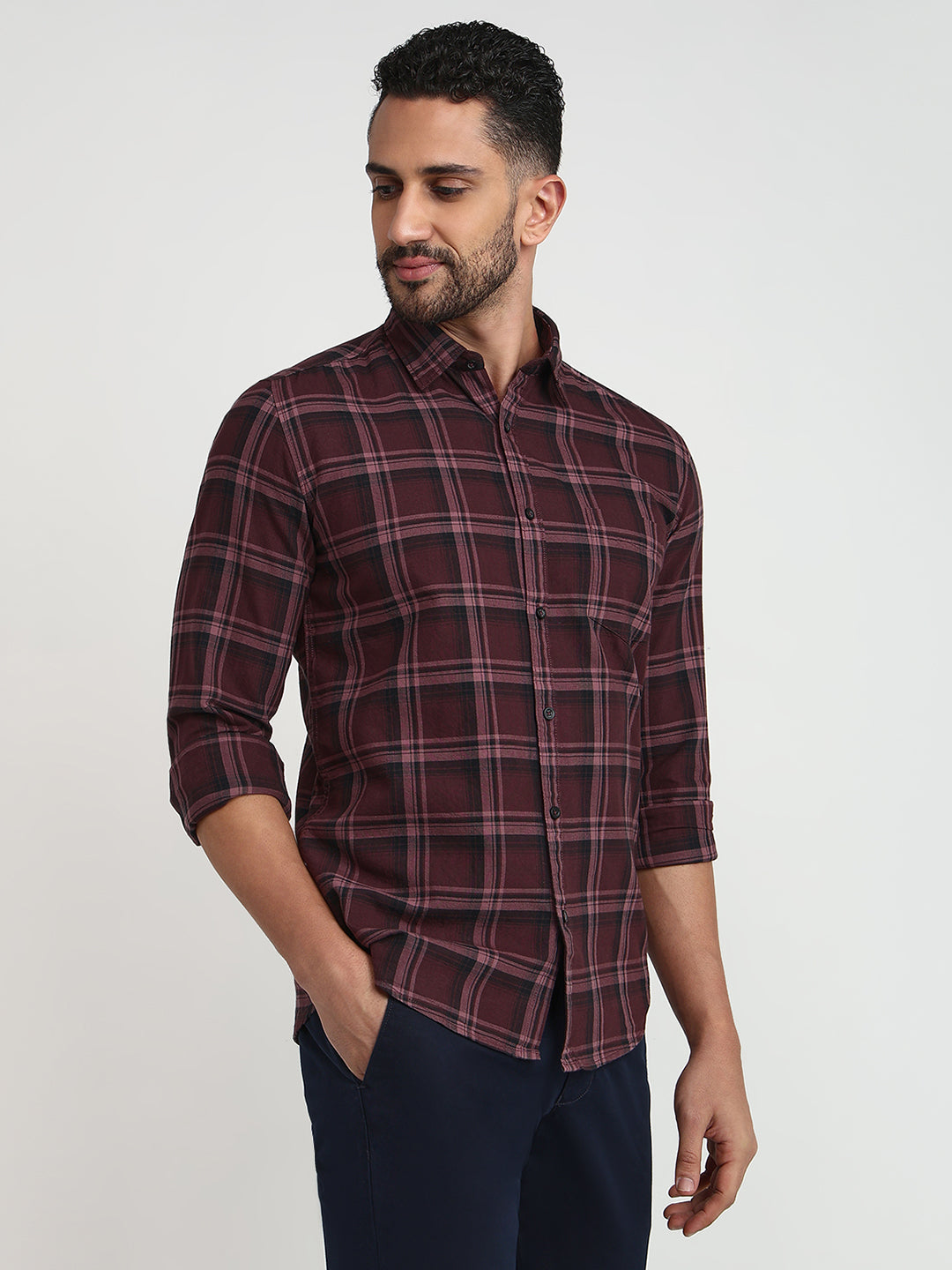 Parx Men Maroon Checks Slim Fit Cotton Casual Shirt