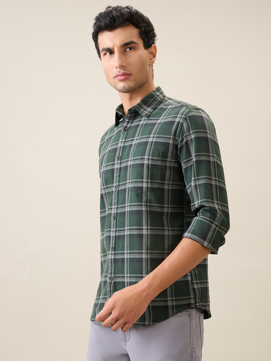 Parx Men Green Checks Slim Fit Cotton Casual Shirt