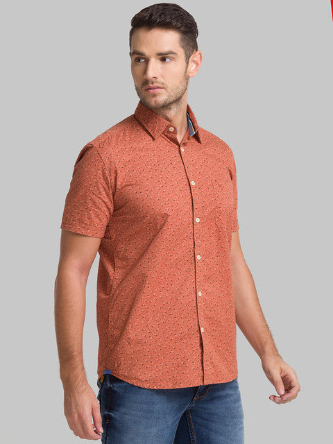 Parx Men Orange Printed Slim Fit Cotton Shirt