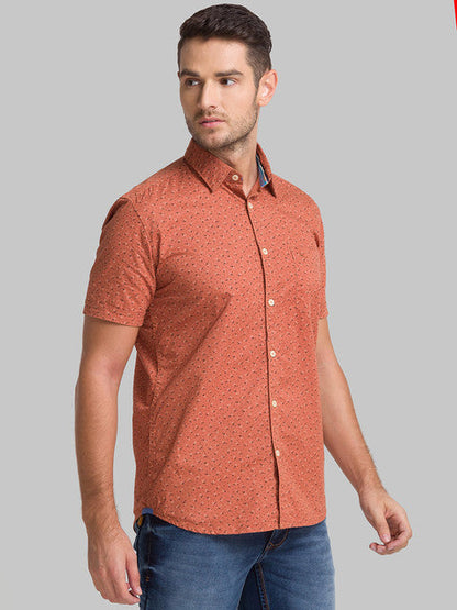 Parx Men Orange Printed Slim Fit Cotton Shirt