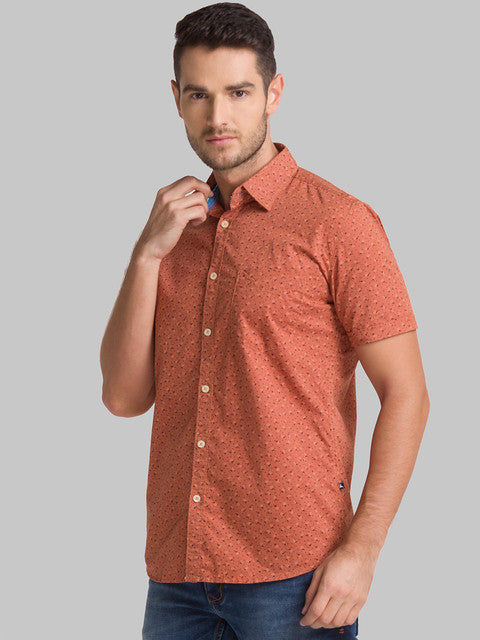 Parx Men Orange Printed Slim Fit Cotton Shirt
