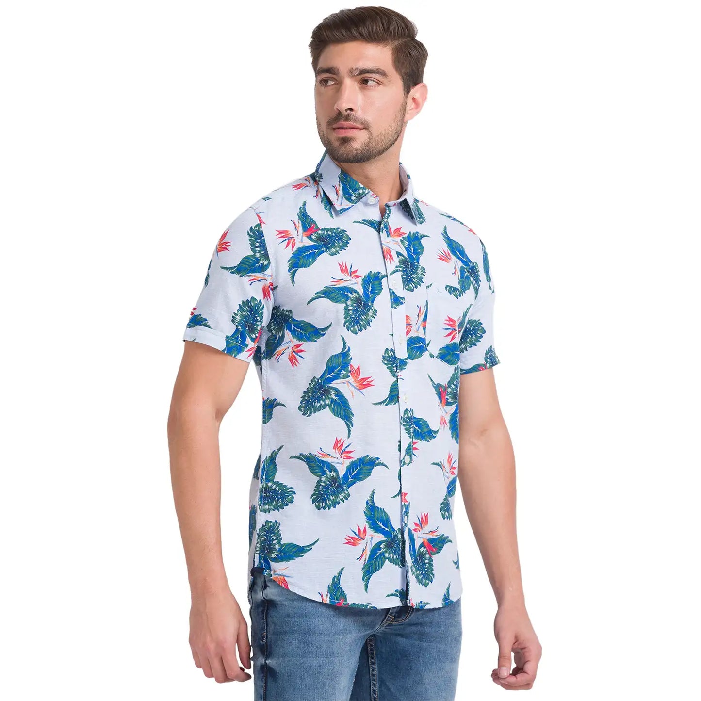 Men Blue Slim Fit Print Cotton Blend Half Sleeve Shirts