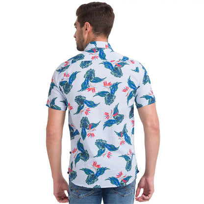 Men Blue Slim Fit Print Cotton Blend Half Sleeve Shirts