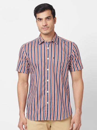 Parx Men Brown Print Slim Fit Cotton Half Sleeve Cutaway Collar Shirt