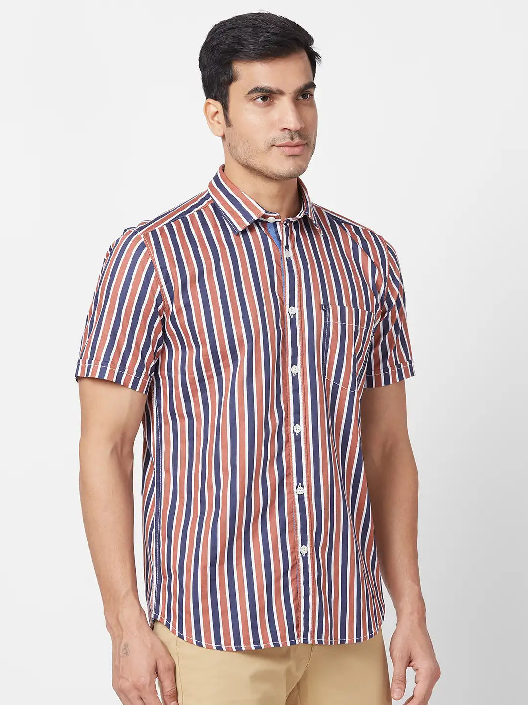 Parx Men Brown Print Slim Fit Cotton Half Sleeve Cutaway Collar Shirt