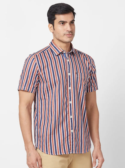 Parx Men Brown Print Slim Fit Cotton Half Sleeve Cutaway Collar Shirt