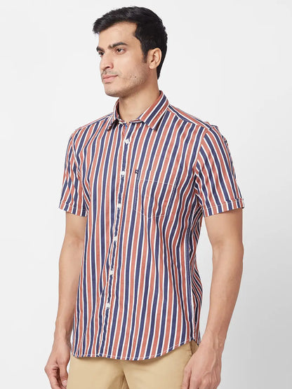 Parx Men Brown Print Slim Fit Cotton Half Sleeve Cutaway Collar Shirt